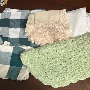 Misc. Lot of Tablecloths, Napkins, Crochet Table Runner, Placemats Scrap Fabric